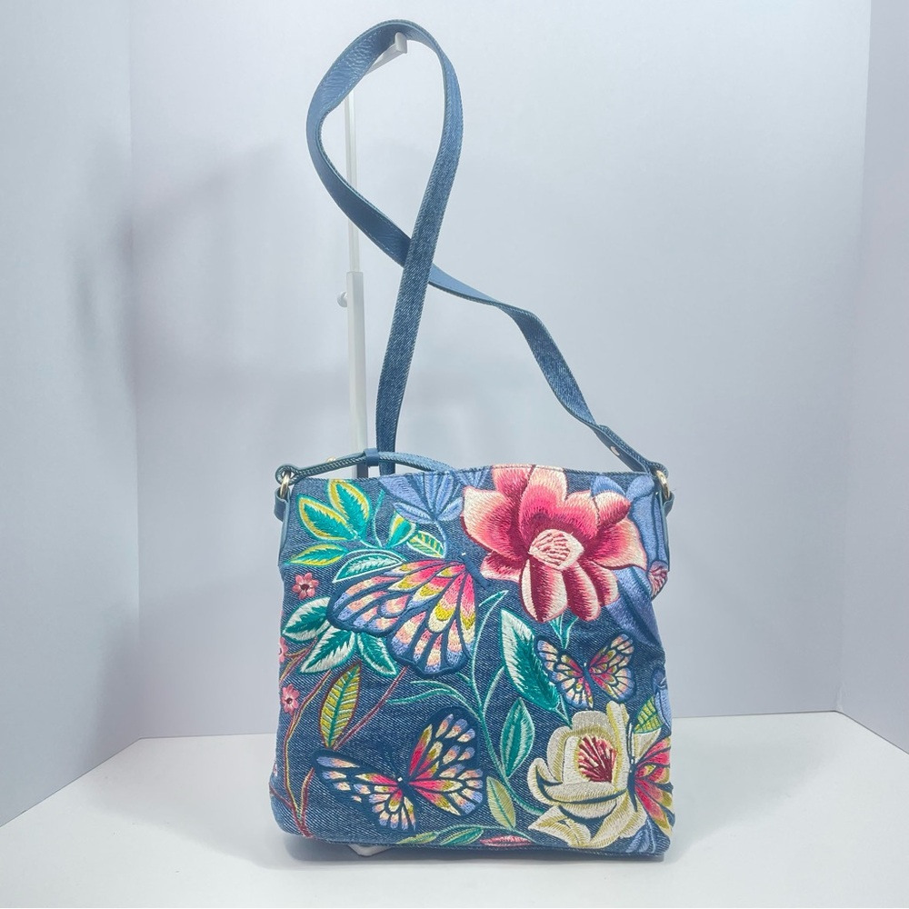 Chico’s Denim Butterfly & Floral Crossbody Purse Leather Edges